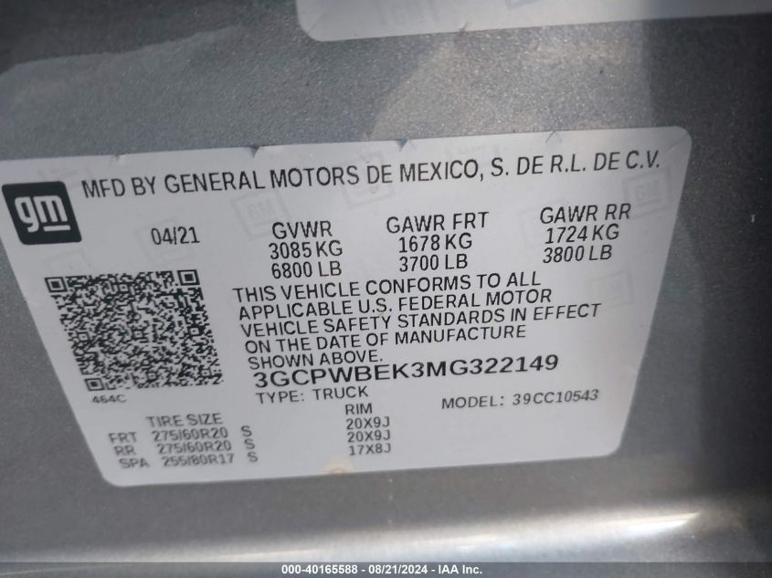 3GCPWBEK3MG322149 2021 Chevrolet Silverado 1500 Custom