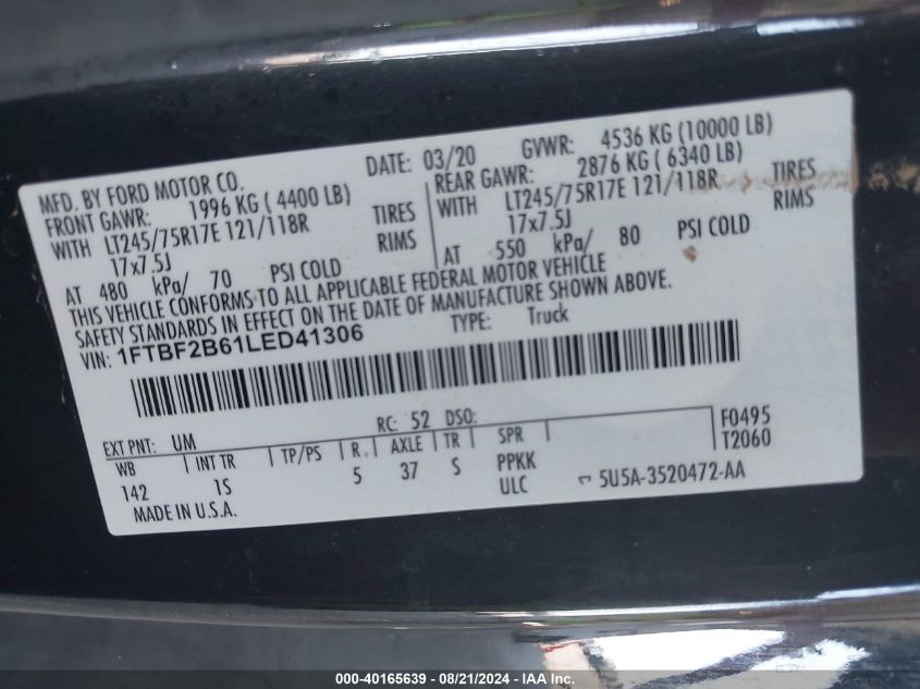 2020 Ford F-250 Xl VIN: 1FTBF2B61LED41306 Lot: 40165639