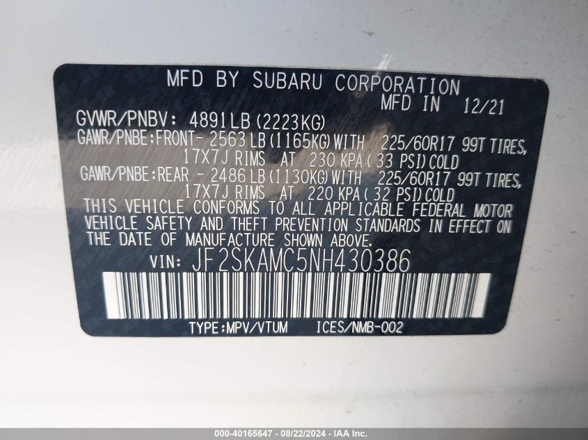 2022 Subaru Forester Wilderness VIN: JF2SKAMC5NH430386 Lot: 40165647