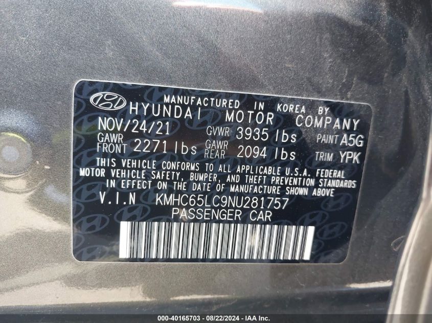 KMHC65LC9NU281757 2022 Hyundai Ioniq Hybrid Blue