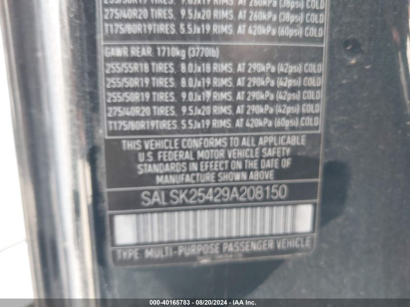 2009 Land Rover Range Rover Sport Hse VIN: SALSK25429A208150 Lot: 40165783