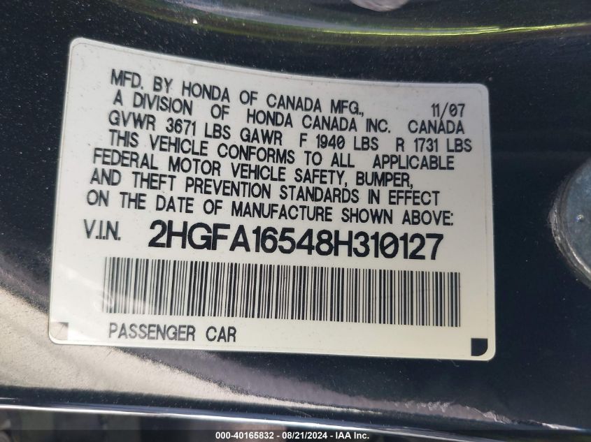 2008 Honda Civic Sdn Lx VIN: 2HGFA16548H310127 Lot: 40165832