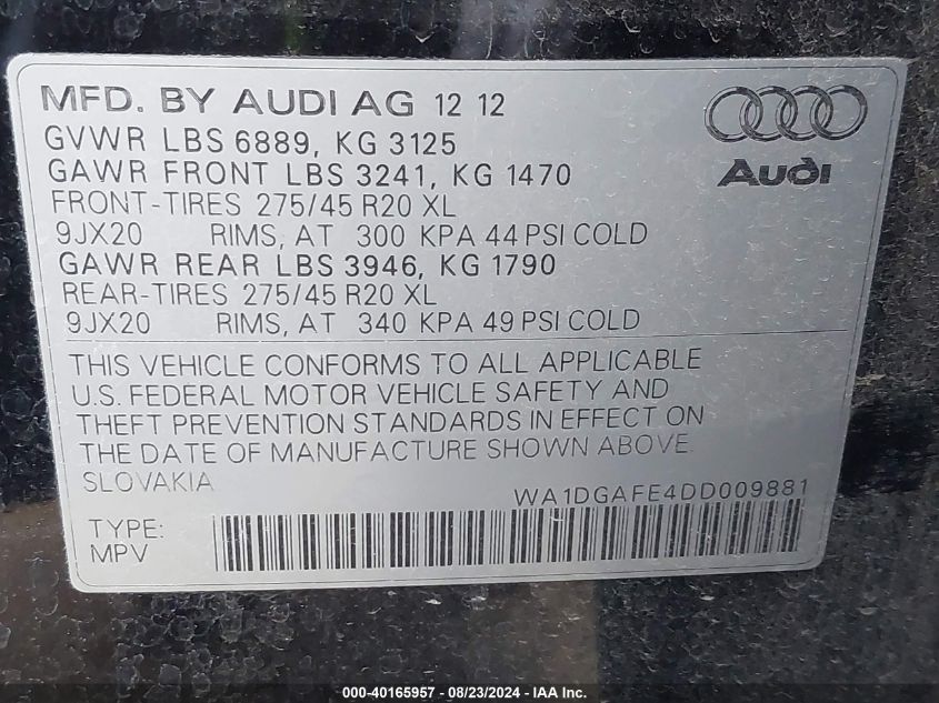 WA1DGAFE4DD009881 2013 Audi Q7 3.0T S Line Prestige