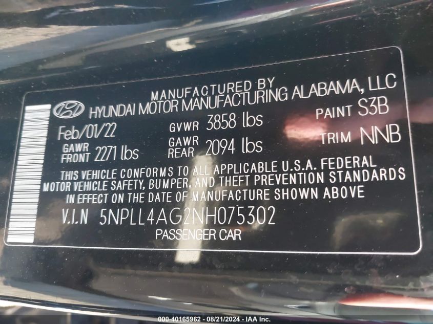 5NPLL4AG2NH075302 2022 Hyundai Elantra Se