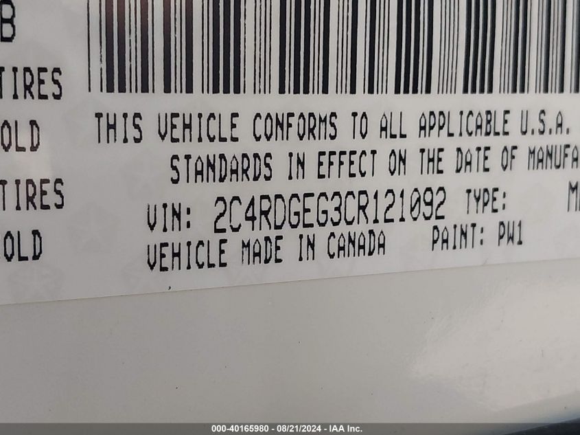 2012 Dodge Grand Caravan R/T VIN: 2C4RDGEG3CR121092 Lot: 40165980