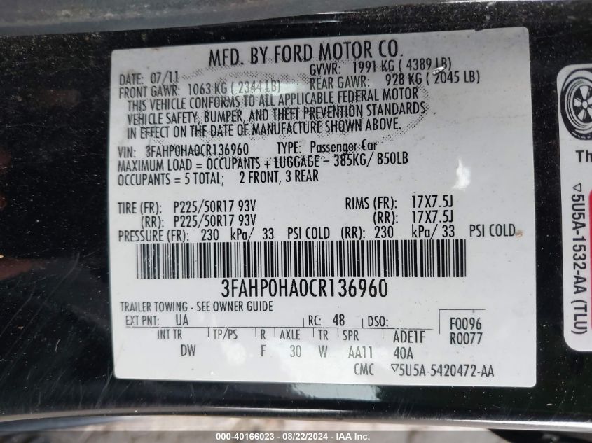 2012 Ford Fusion Se VIN: 3FAHP0HA0CR136960 Lot: 40166023