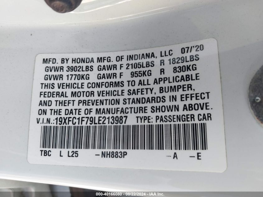 2020 Honda Civic Ex-L VIN: 19XFC1F79LE213987 Lot: 40166080