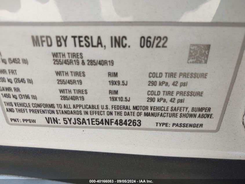 2022 Tesla Model S Dual Motor All-Wheel Drive VIN: 5YJSA1E54NF484263 Lot: 40166083