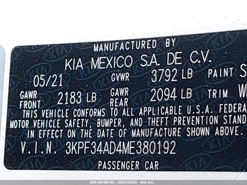 VIN 3KPF34AD4ME380192 2021 KIA FORTE GT-LINE