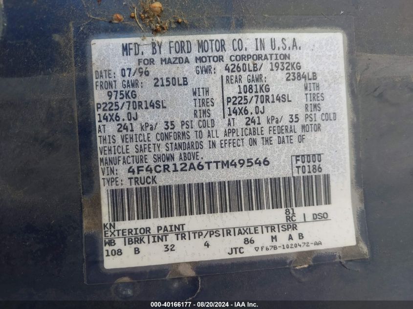 1996 Mazda B2300 VIN: 4F4CR12A6TTM49546 Lot: 40166177