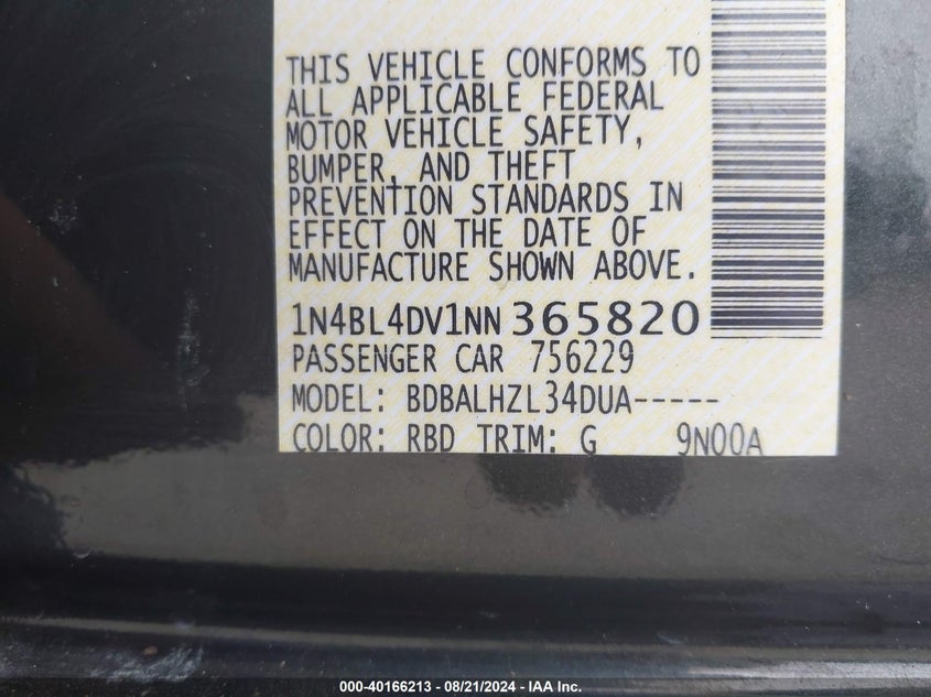 2022 Nissan Altima Sv Fwd VIN: 1N4BL4DV1NN365820 Lot: 40166213