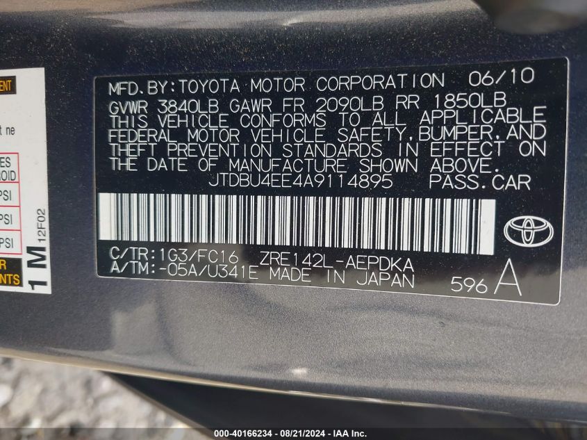 2010 Toyota Corolla Le VIN: JTDBU4EE4A9114895 Lot: 40166234