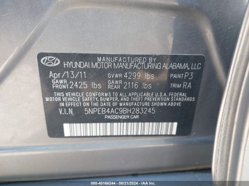 2011 Hyundai Sonata Gls VIN: 5NPEB4AC9BH283245 Lot: 40166244