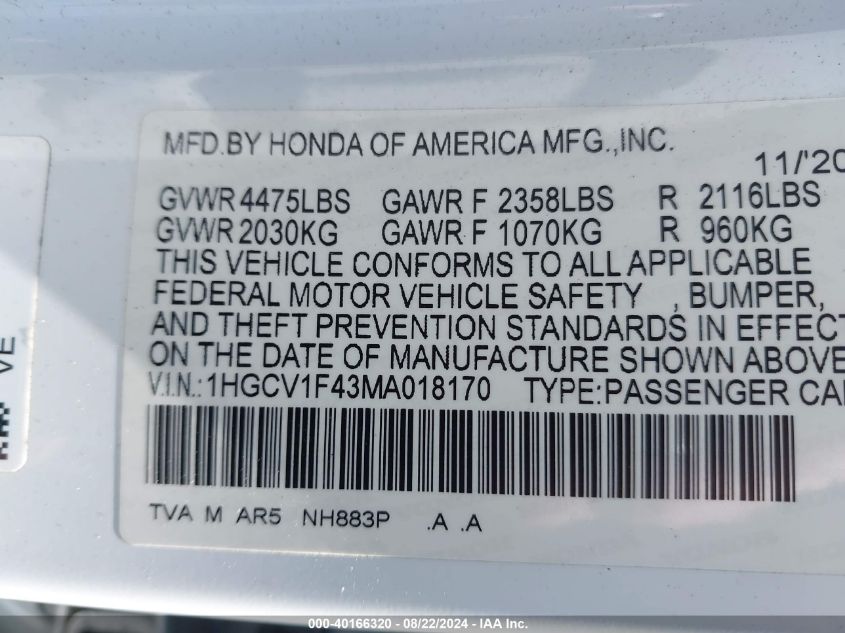 2021 Honda Accord Sport Special Edition VIN: 1HGCV1F43MA018170 Lot: 40166320