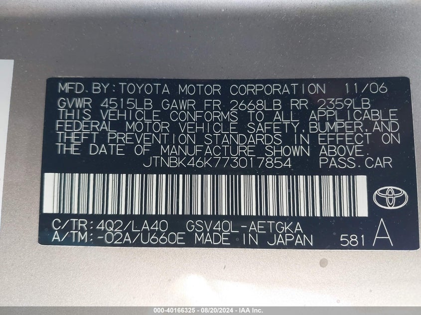 2007 Toyota Camry Xle V6 VIN: JTNBK46K773017854 Lot: 40166325