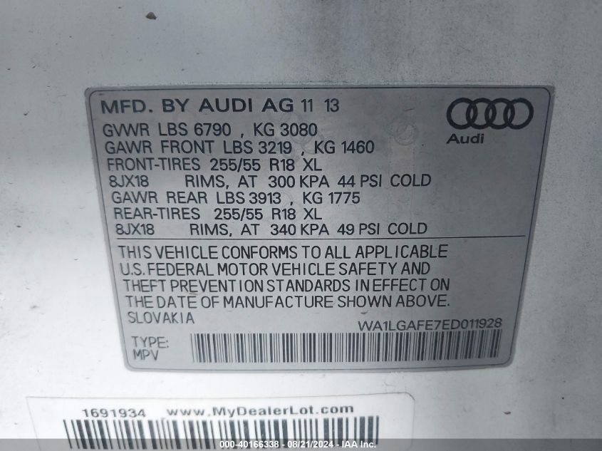 2014 Audi Q7 Premium Plus VIN: WA1LGAFE7ED011928 Lot: 40166338