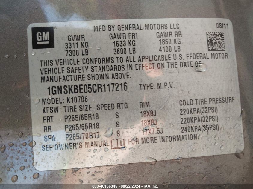 2012 Chevrolet Tahoe Lt VIN: 1GNSKBE05CR117216 Lot: 40166345