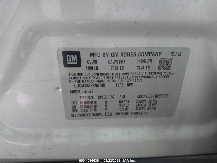 2015 Buick Encore Convenience VIN: KL4CJFSB2FB269300 Lot: 40166364