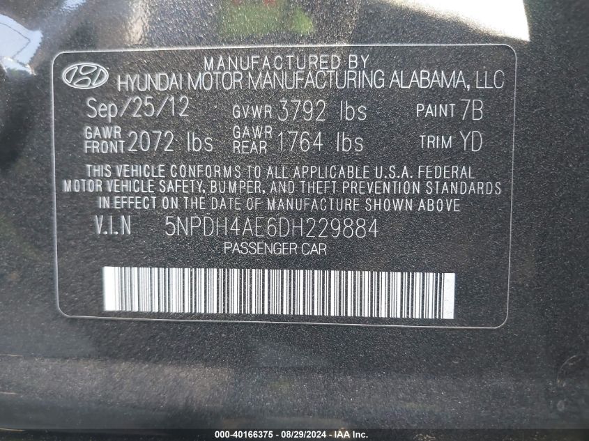 5NPDH4AE6DH229884 2013 Hyundai Elantra Gls