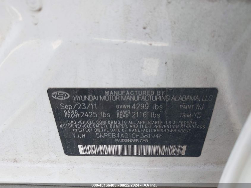 2012 Hyundai Sonata Gls VIN: 5NPEB4AC1CH381946 Lot: 40166405