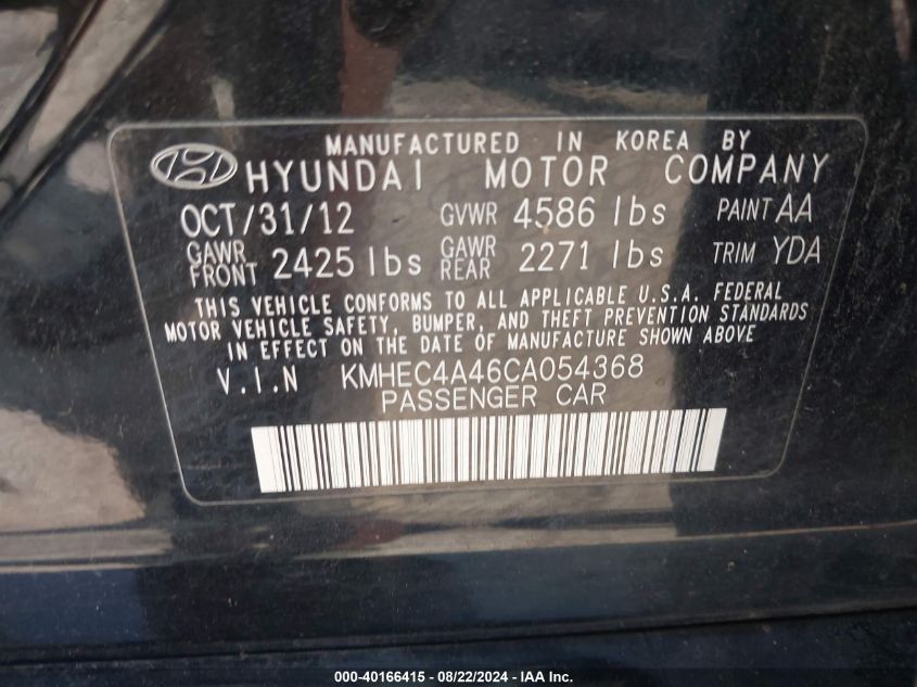 2012 Hyundai Sonata Hybrid VIN: KMHEC4A46CA054368 Lot: 40166415