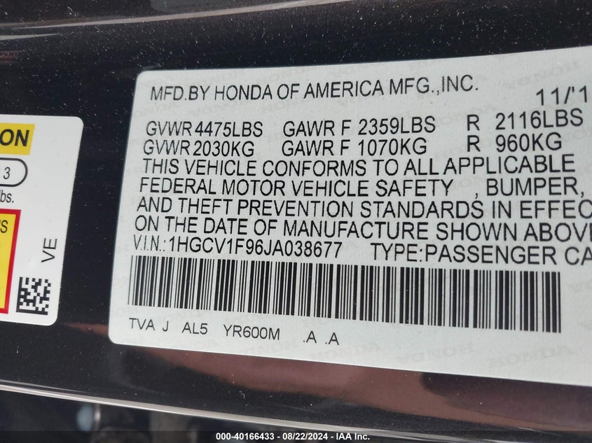 VIN 1HGCV1F96JA038677 2018 HONDA ACCORD TOURING