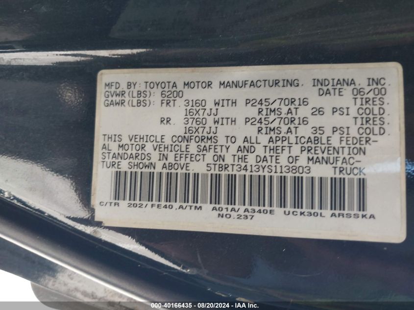 2000 Toyota Tundra Sr5 V8 VIN: 5TBRT3413YS113803 Lot: 40166435