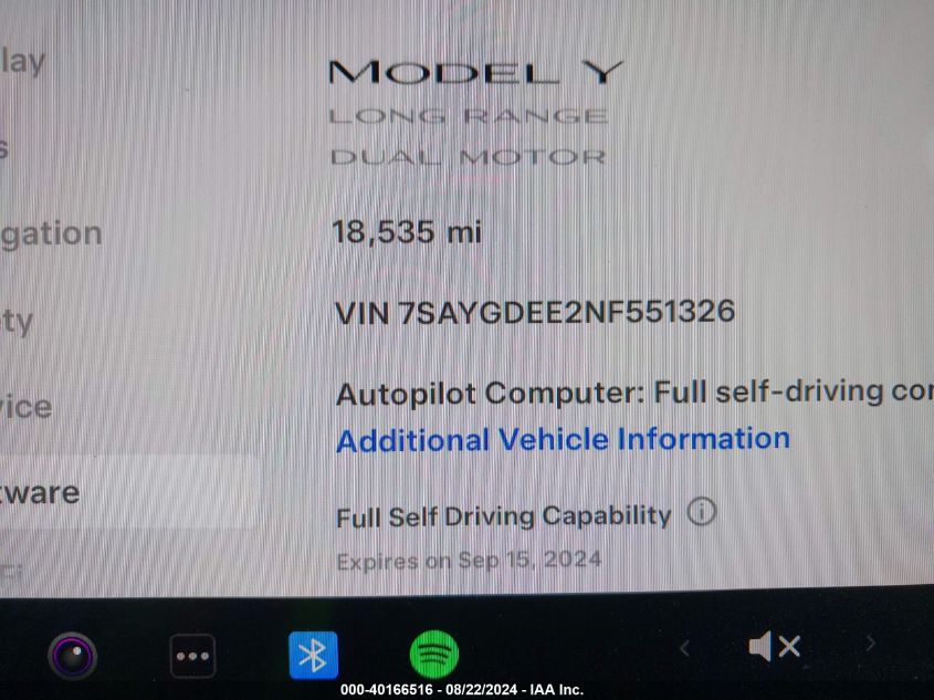 2022 Tesla Model Y Long Range Dual Motor All-Wheel Drive VIN: 7SAYGDEE2NF551326 Lot: 40166516