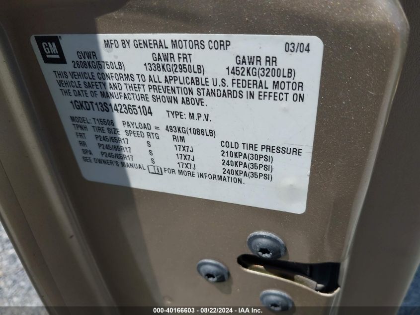 2004 GMC Envoy Sle VIN: 1GKDT13S142365104 Lot: 40166603