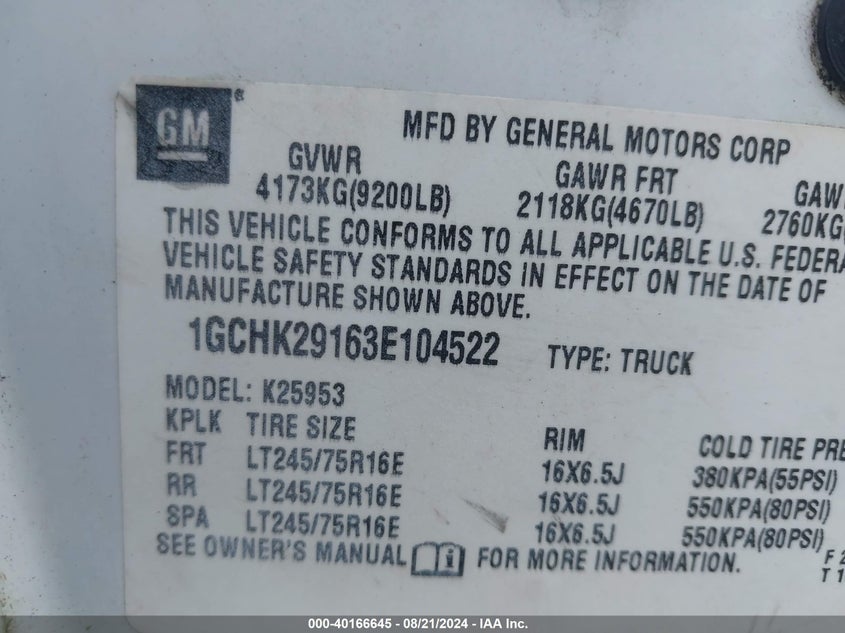 2003 Chevrolet Silverado 2500Hd Lt VIN: 1GCHK29163E104522 Lot: 40166645