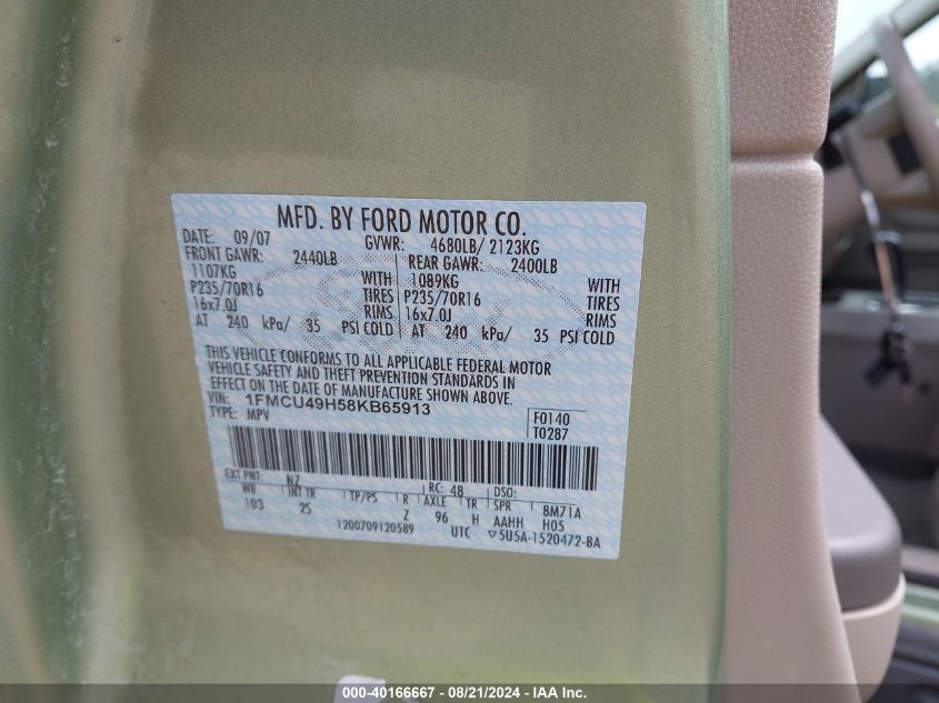 2008 Ford Escape Hybrid VIN: 1FMCU49H58KB65913 Lot: 40166667