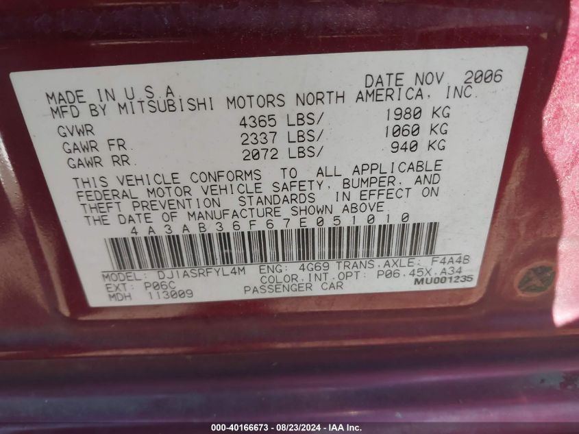 2007 Mitsubishi Galant Es/Se VIN: 4A3AB36F67E051010 Lot: 40166673