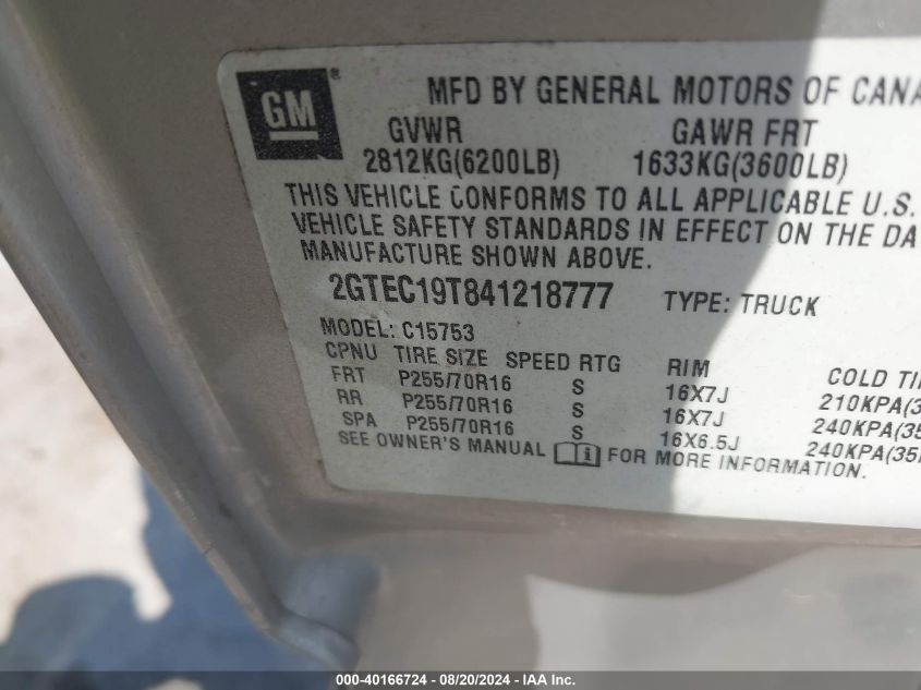 2004 GMC Sierra 1500 Sle VIN: 2GTEC19T841218777 Lot: 40166724