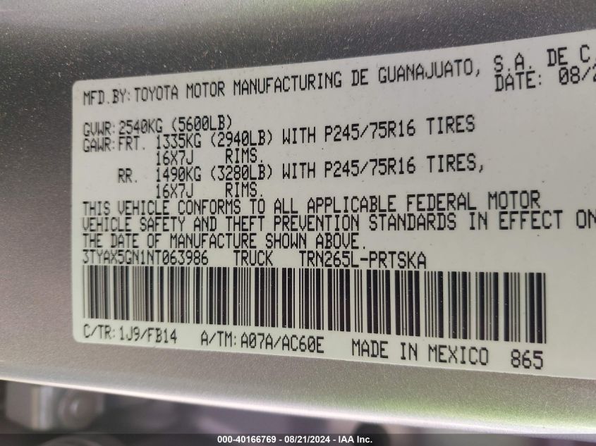 2022 Toyota Tacoma Sr VIN: 3TYAX5GN1NT063986 Lot: 40166769