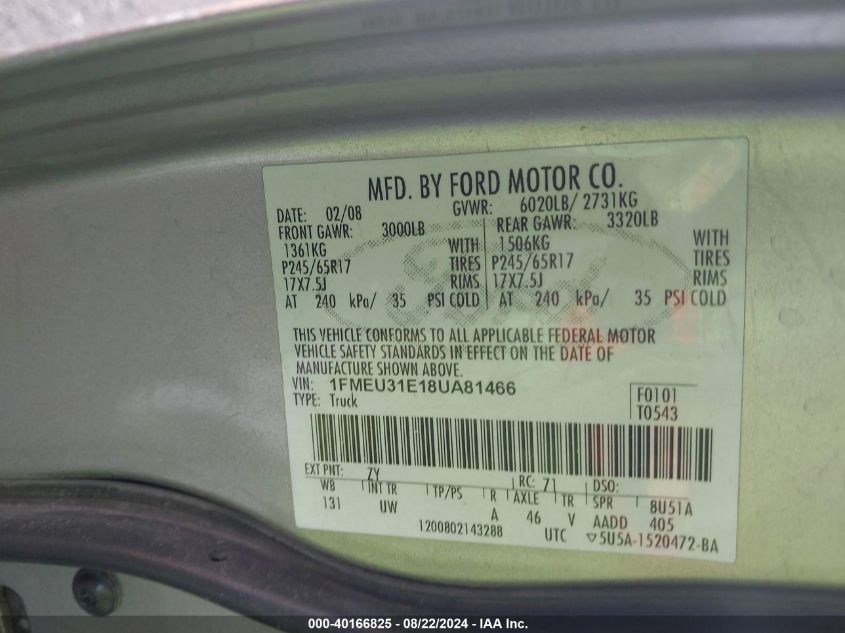 2008 Ford Explorer Sport Trac Xlt VIN: 1FMEU31E18UA81466 Lot: 40166825