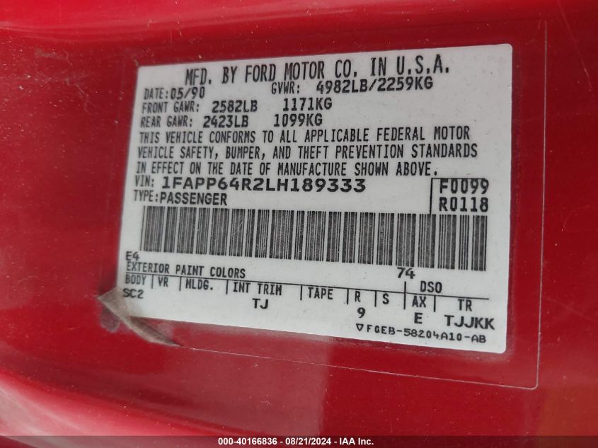 1990 Ford Thunderbird Super Coupe VIN: 1FAPP64R2LH189333 Lot: 40166836