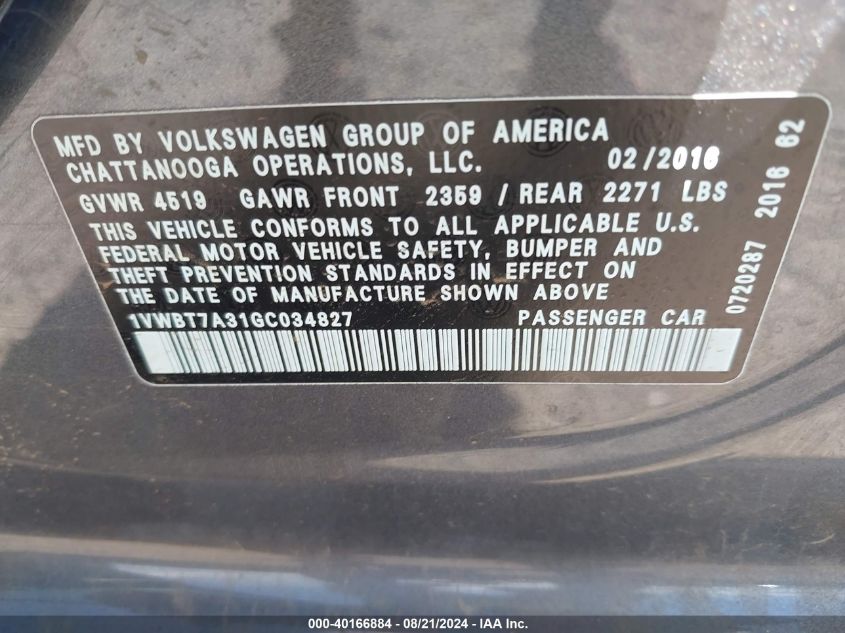 2016 Volkswagen Passat 1.8T Se VIN: 1VWBT7A31GC034827 Lot: 40166884