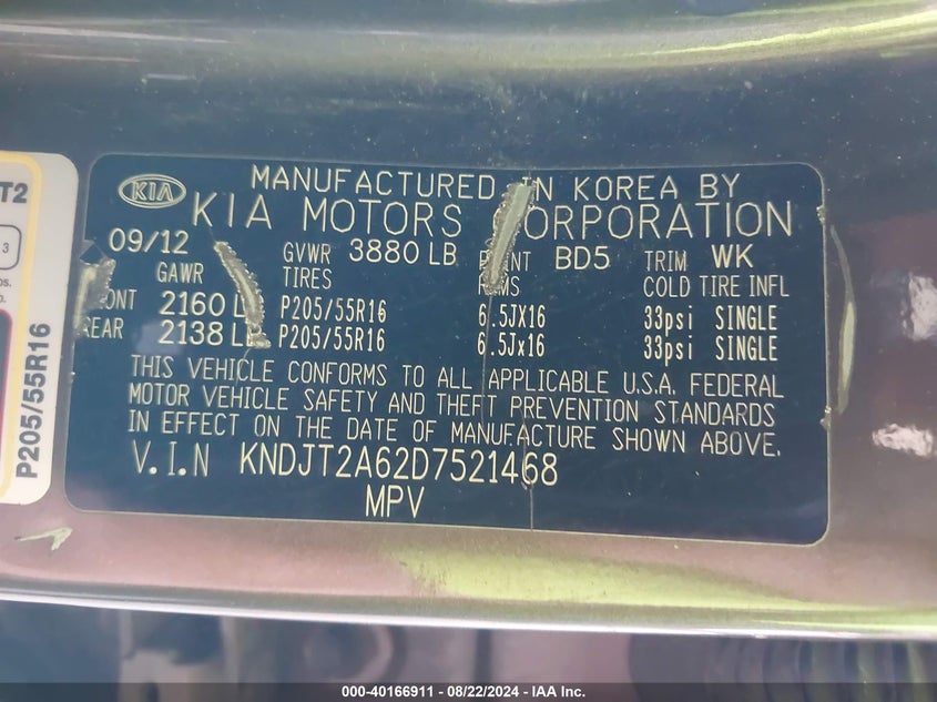 2013 Kia Soul + VIN: KNDJT2A62D7521468 Lot: 40166911