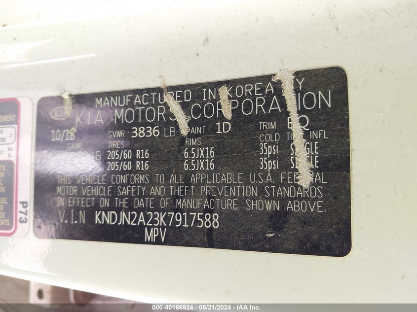 2019 Kia Soul VIN: KNDJN2A23K7917588 Lot: 40166924