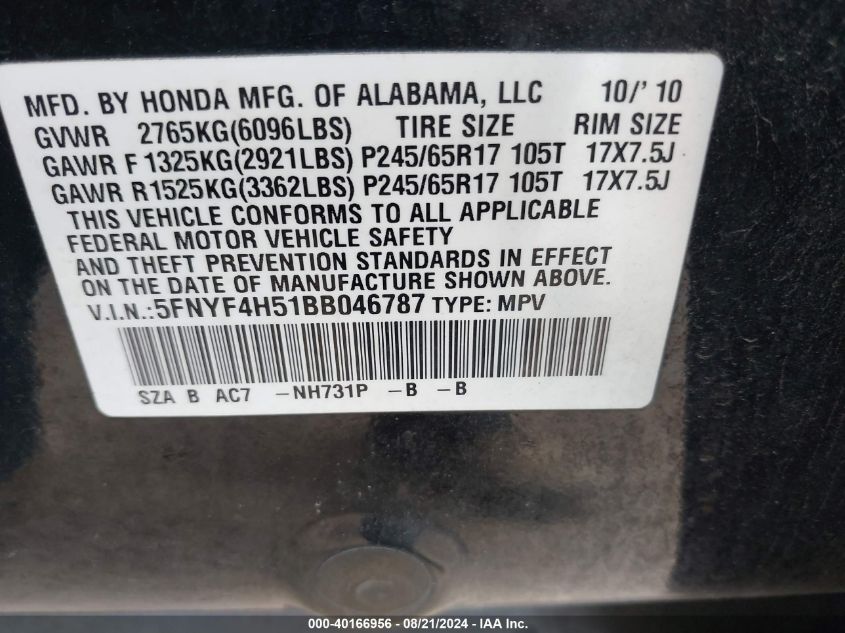 2011 Honda Pilot Ex-L VIN: 5FNYF4H51BB046787 Lot: 40166956