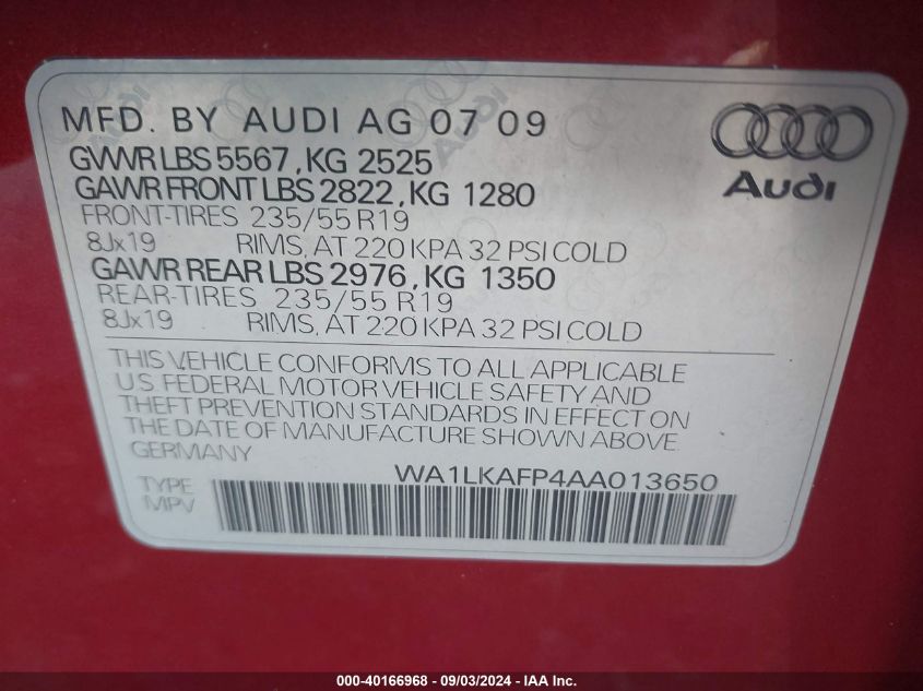 WA1LKAFP4AA013650 2010 Audi Q5 3.2 Premium