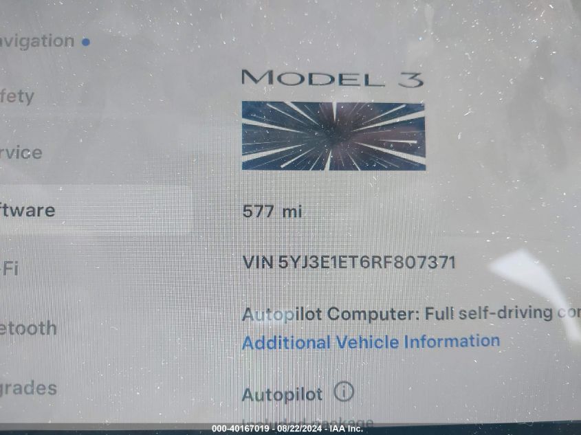 2024 Tesla Model 3 Performance VIN: 5YJ3E1ET6RF807371 Lot: 40167019