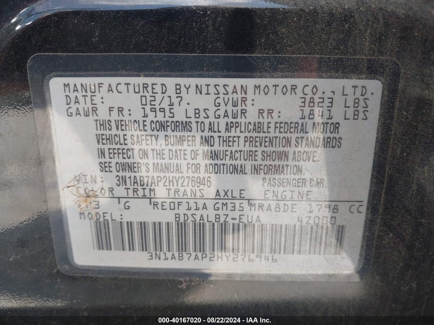 2017 Nissan Sentra S VIN: 3N1AB7AP2HY276946 Lot: 40167020