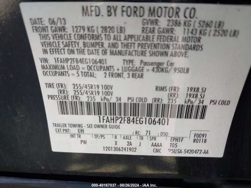 2014 FORD TAURUS LIMITED - 1FAHP2F84EG106401