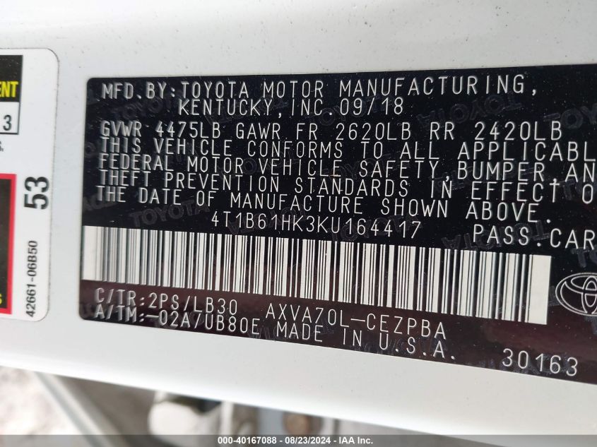 4T1B61HK3KU164417 2019 Toyota Camry Xse