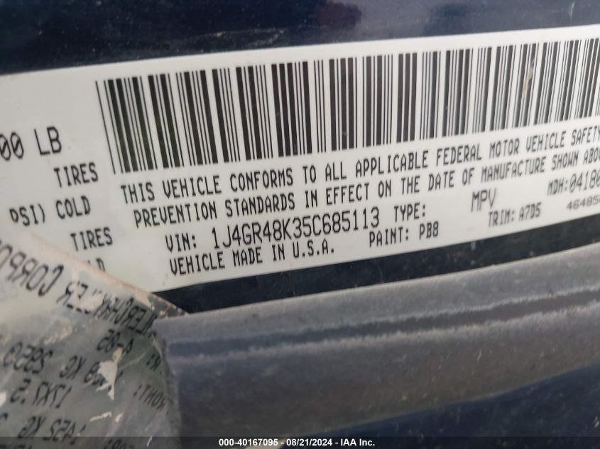 2005 Jeep Grand Cherokee Laredo VIN: 1J4GR48K35C685113 Lot: 40167095