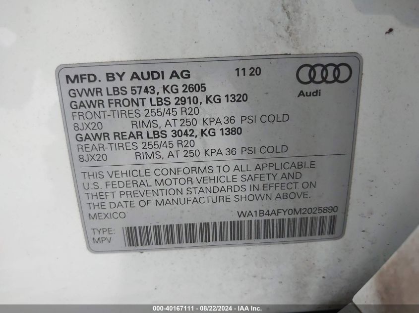 2021 Audi Sq5 Premium Plus Tfsi Quattro Tiptronic VIN: WA1B4AFY0M2025890 Lot: 40167111