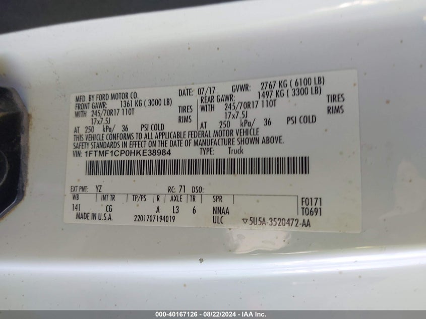 VIN 1FTMF1CP0HKE38984 2017 FORD F-150 XL