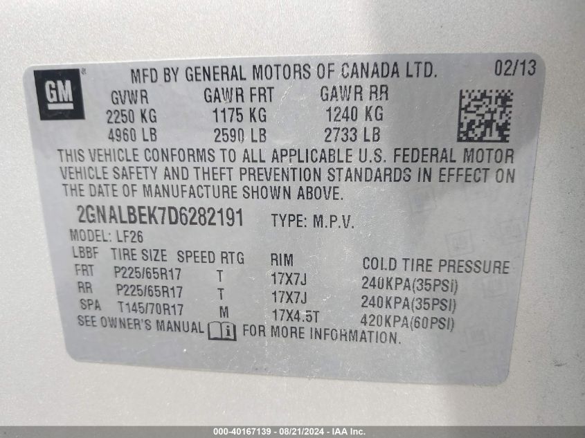 2013 Chevrolet Equinox Ls VIN: 2GNALBEK7D6282191 Lot: 40167139