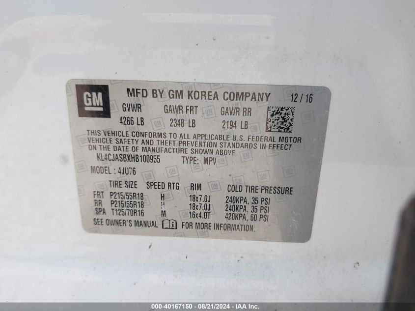 2017 Buick Encore Preferred VIN: KL4CJASBXHB100955 Lot: 40167150